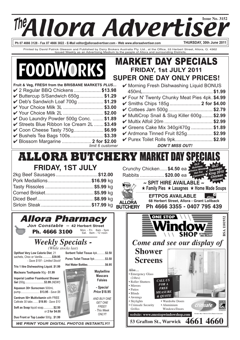 Allora Advertiser Ph 07 4666 3128 - Fax 07 4666 3822 - E-Mail Editor@Alloraadvertiser.Com - Web THURSDAY, 30Th June 2011