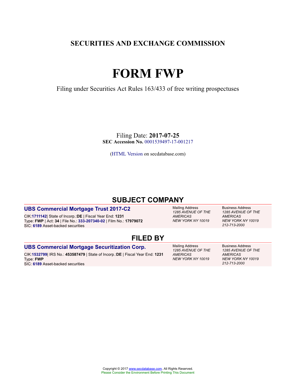 UBS Commercial Mortgage Trust 2017-C2 Form FWP Filed 2017-07-25