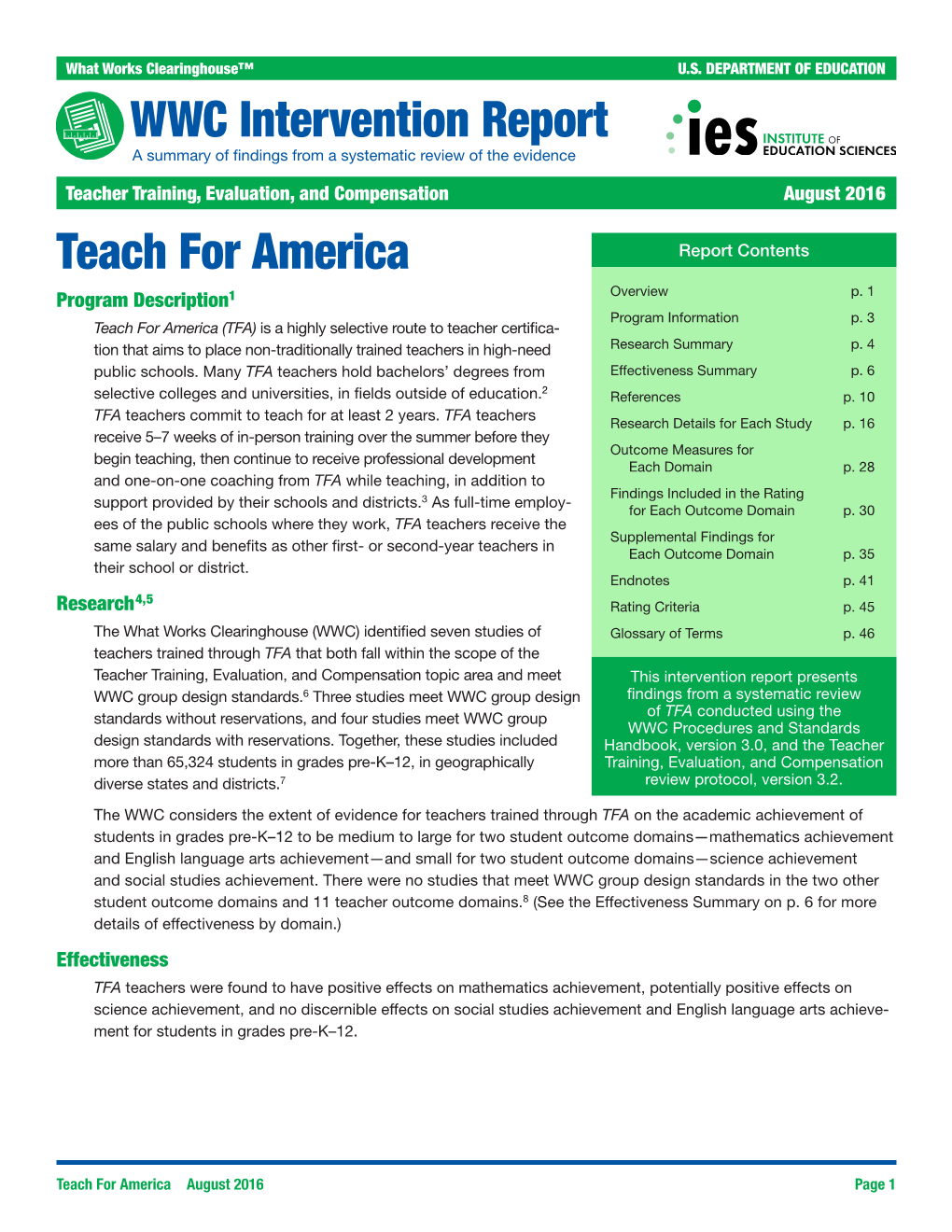 Teach for America Report Contents Program Description1 Overview P