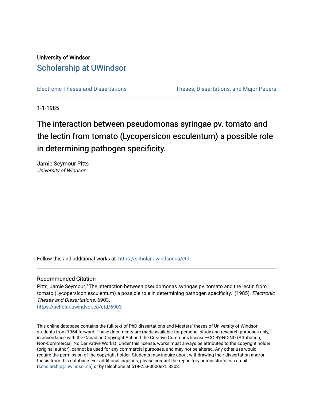 The Interaction Between Pseudomonas Syringae Pv. Tomato and the Lectin from Tomato (Lycopersicon Esculentum) a Possible Role in Determining Pathogen Specificity