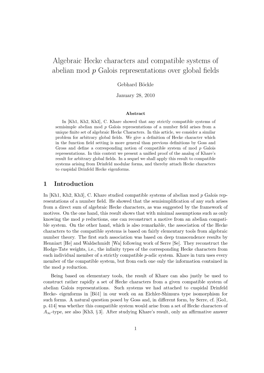 Algebraic Hecke Characters and Compatible Systems of Abelian Mod P Galois Representations Over Global ﬁelds