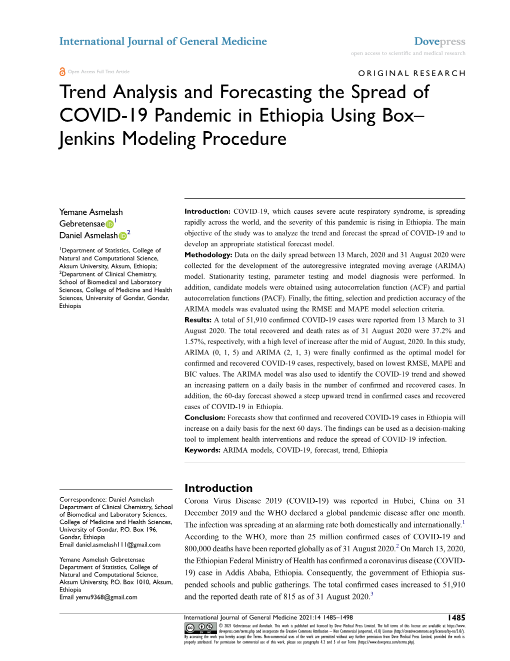 Trend Analysis and Forecasting the Spread of COVID-19 Pandemic in Ethiopia Using Box– Jenkins Modeling Procedure