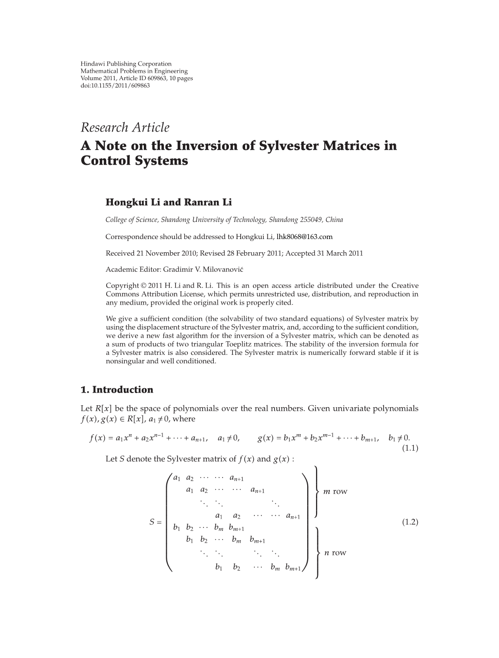 A Note on the Inversion of Sylvester Matrices in Control Systems