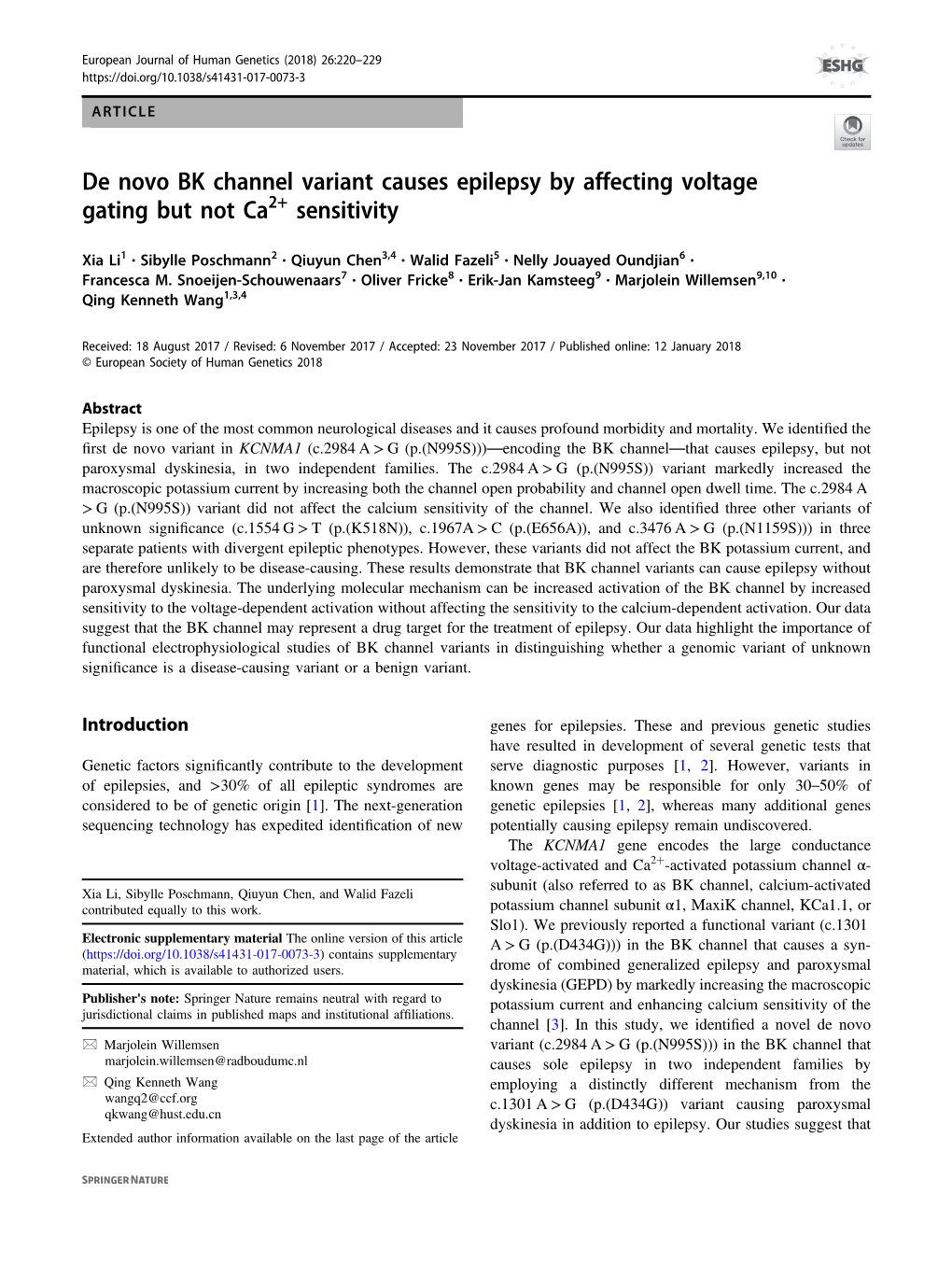 De Novo BK Channel Variant Causes Epilepsy by Affecting Voltage Gating but Not Ca2+ Sensitivity