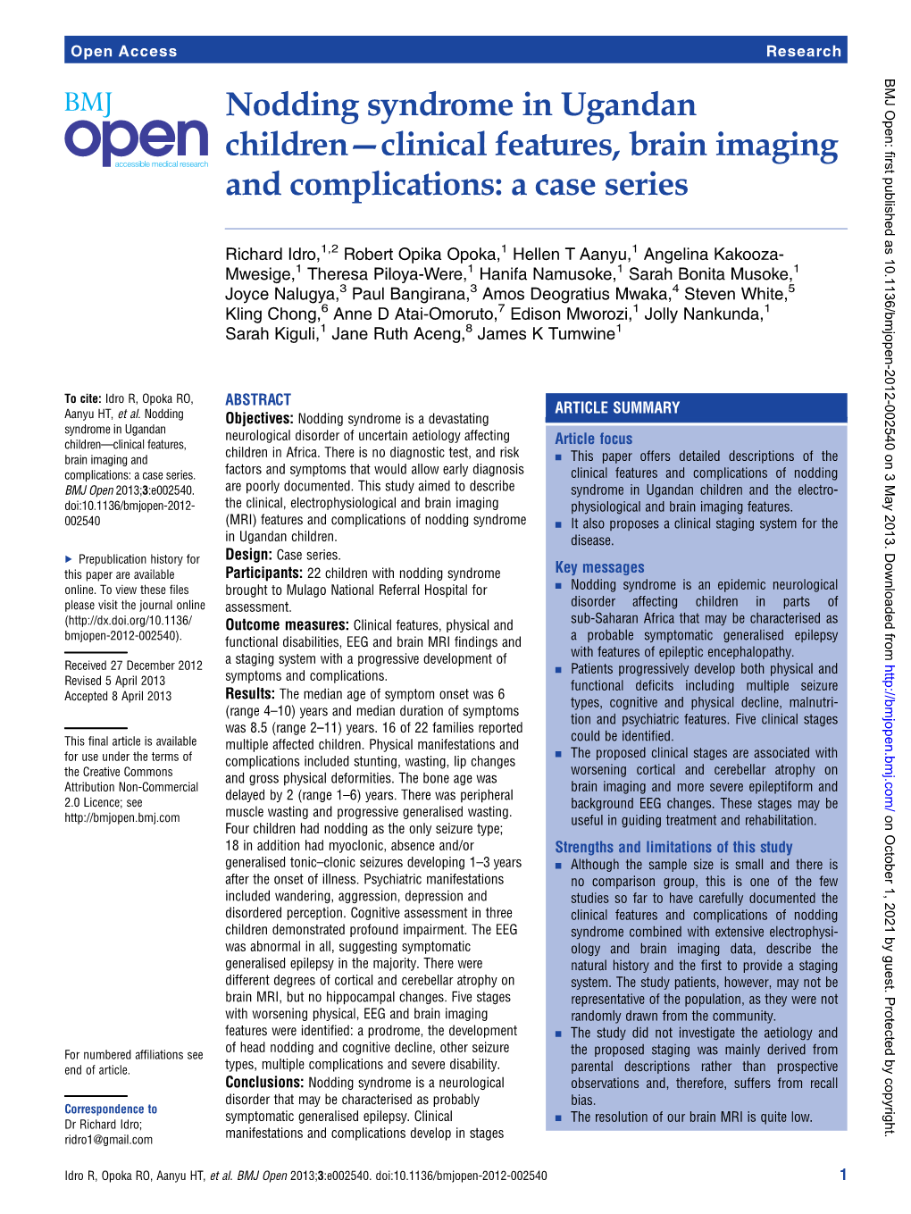 Nodding Syndrome in Ugandan Children—Clinical Features, Brain Imaging and Complications: a Case Series