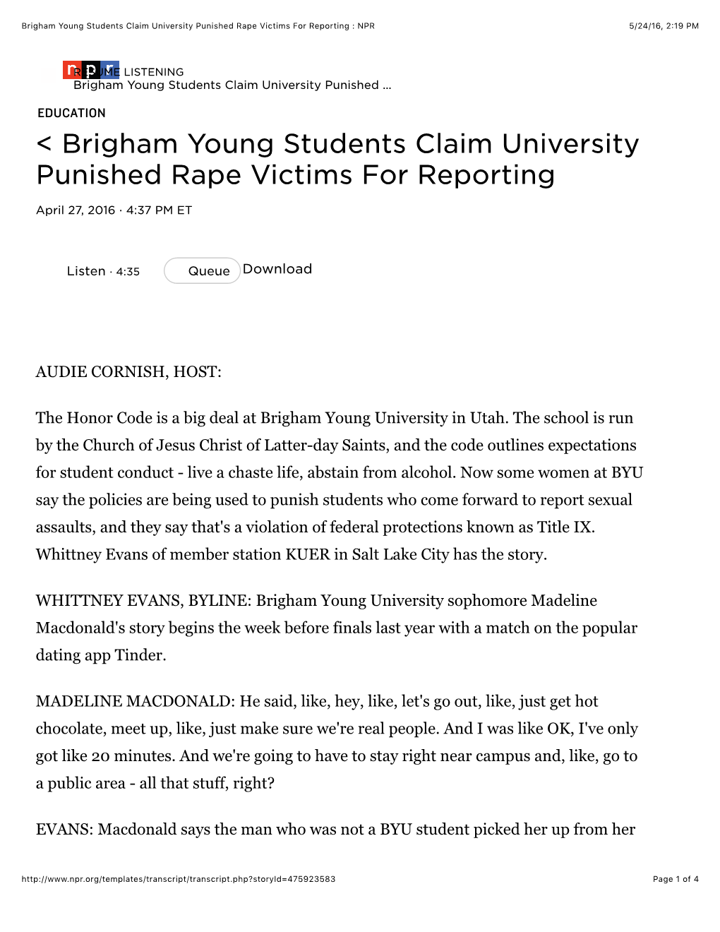 Brigham Young Students Claim University Punished Rape Victims for Reporting : NPR 5/24/16, 2:19 PM