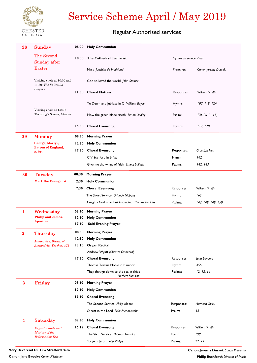 Service Scheme April / May 2019