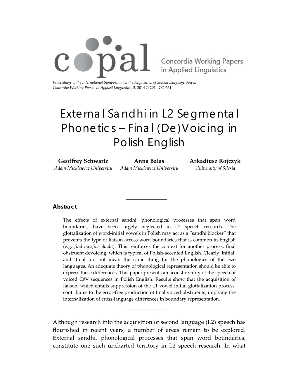 External Sandhi in L2 Segmental Phonetics – Final (De)Voicing in Polish English