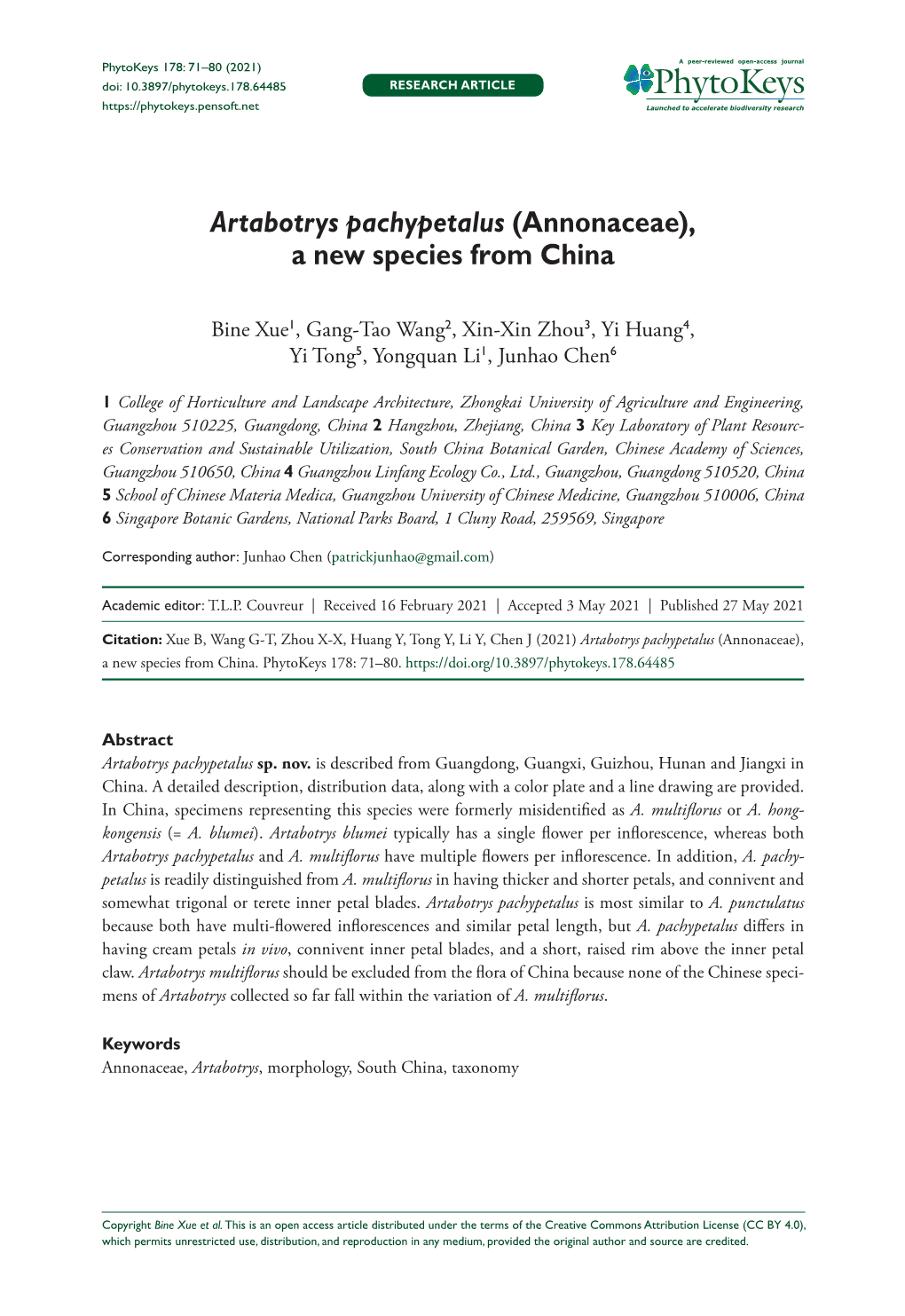 Artabotrys Pachypetalus (Annonaceae), a New Species from China