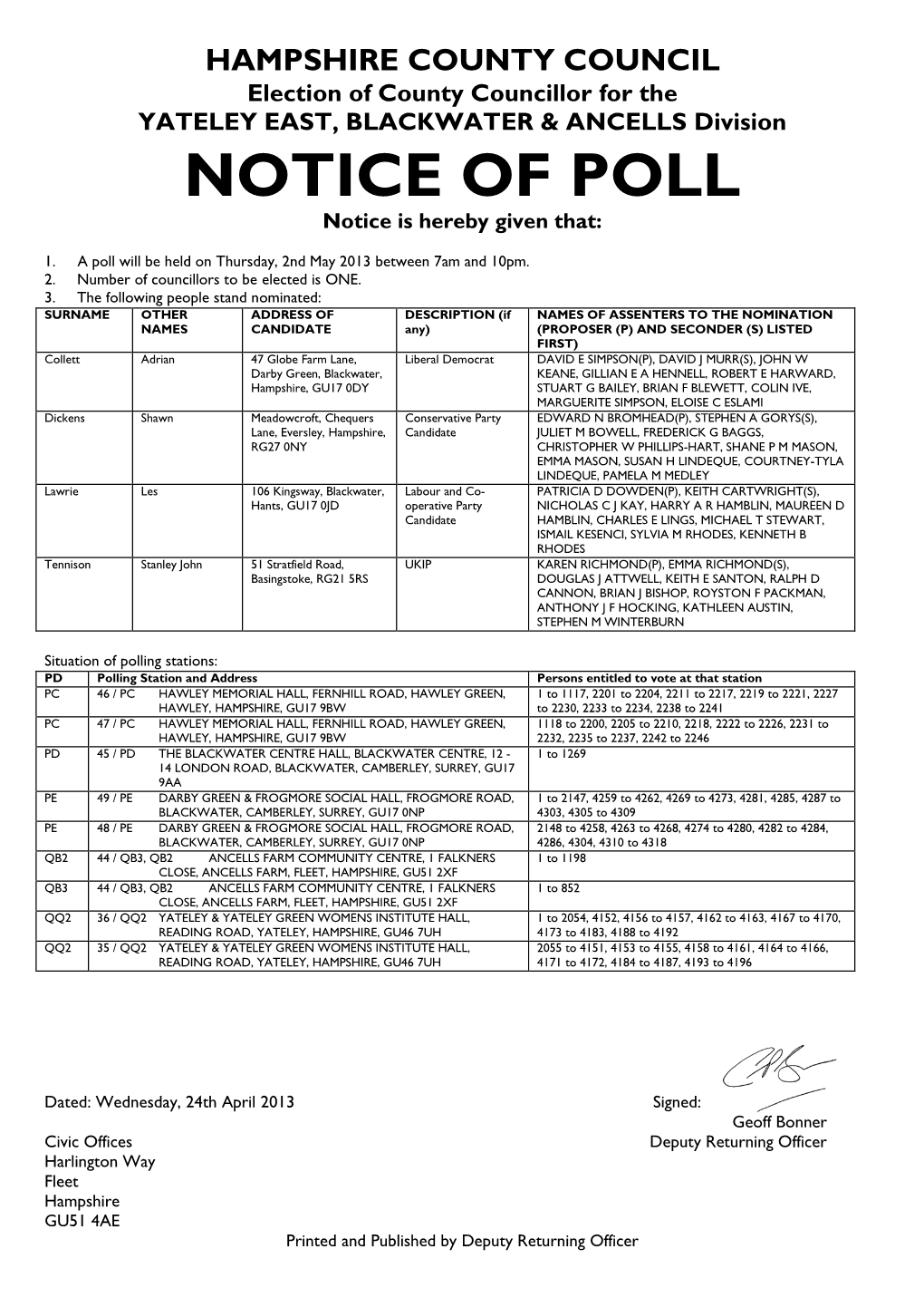 NOTICE of POLL Notice Is Hereby Given That