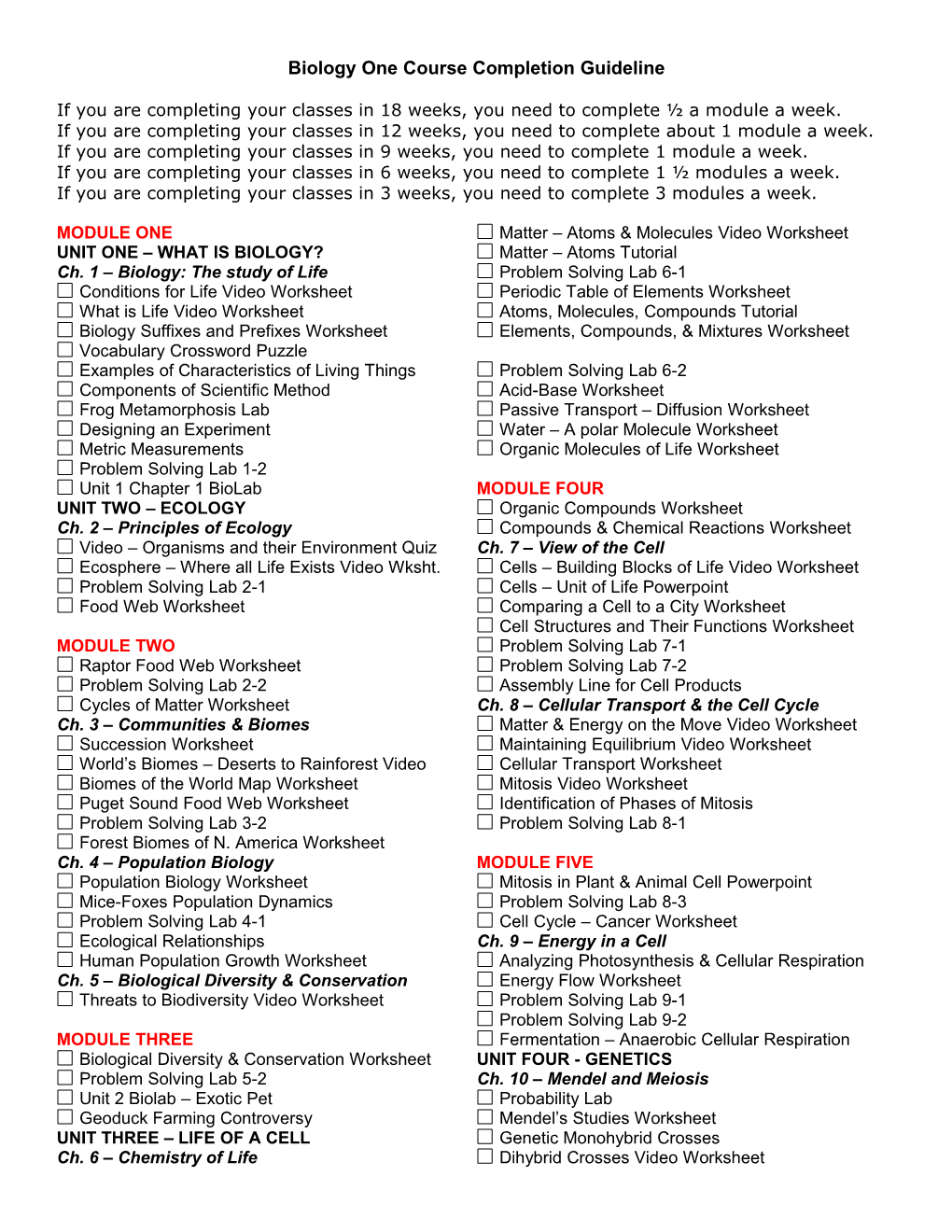 Biology One Course Completion Guideline