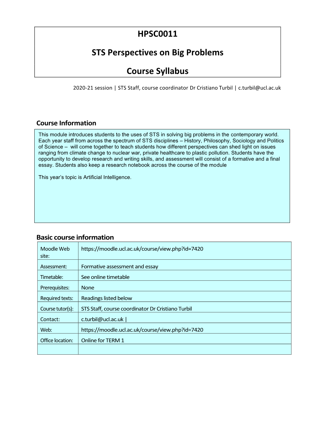 HPSC0011 STS Perspectives on Big Problems Course Syllabus