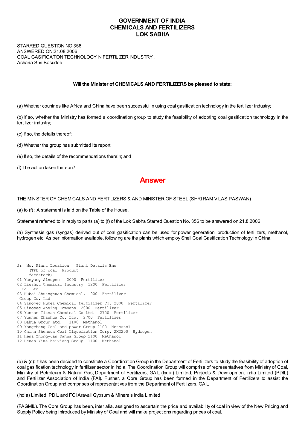 Answered On:21.08.2006 Coal Gasification Technology in Fertilizer Industry