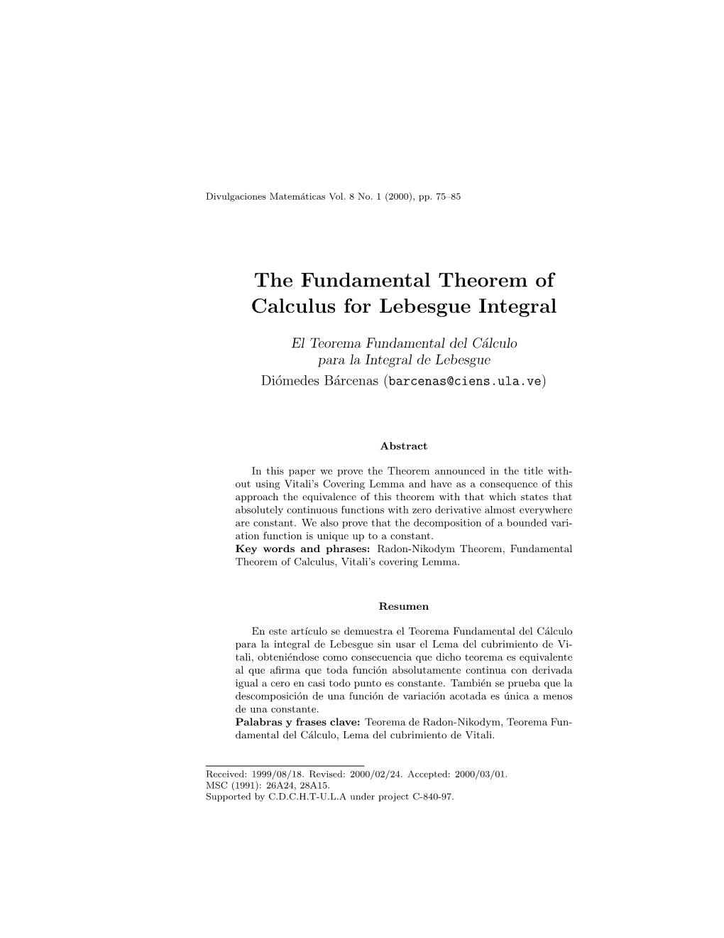 The Fundamental Theorem of Calculus for Lebesgue Integral