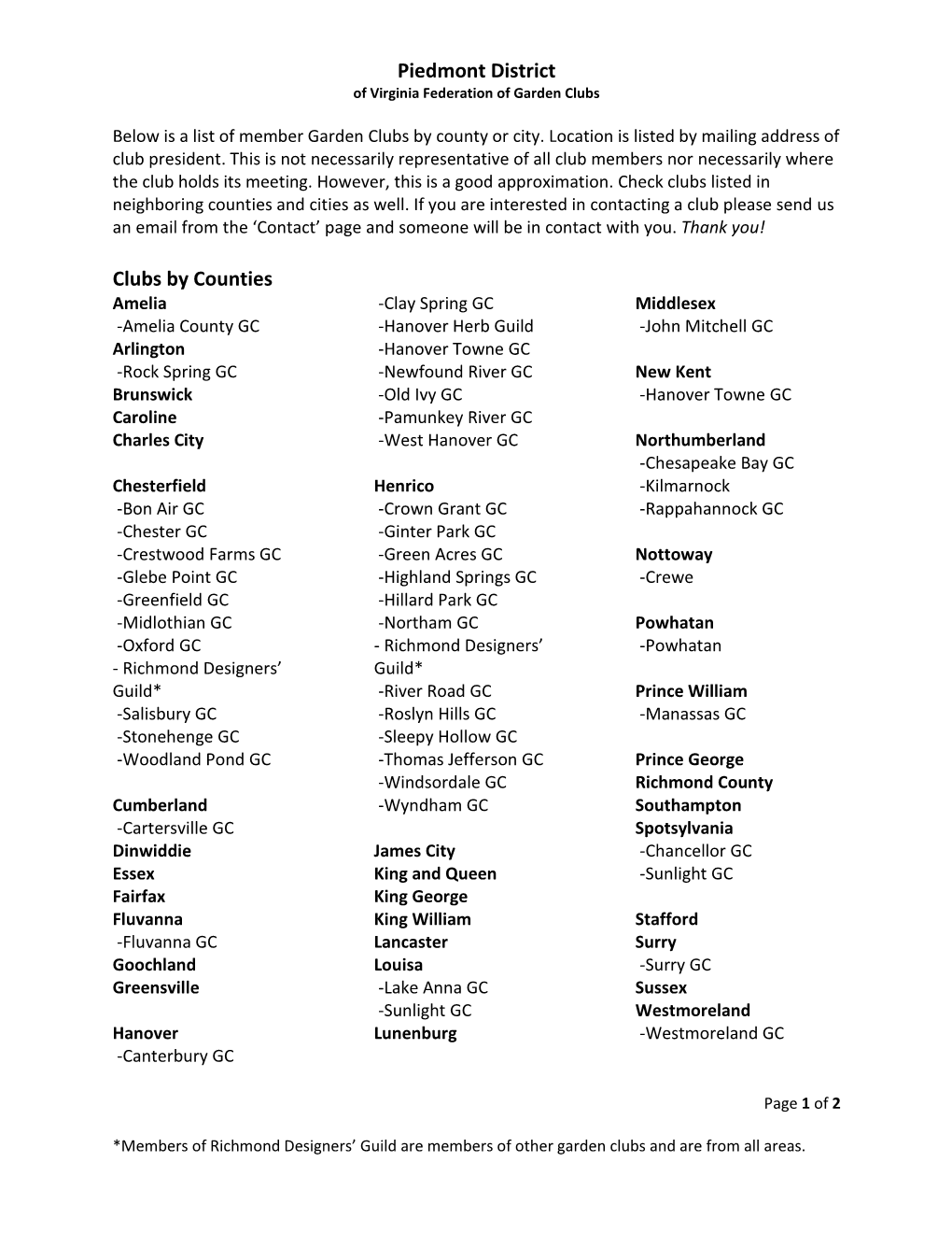 Piedmont District Clubs by Counties