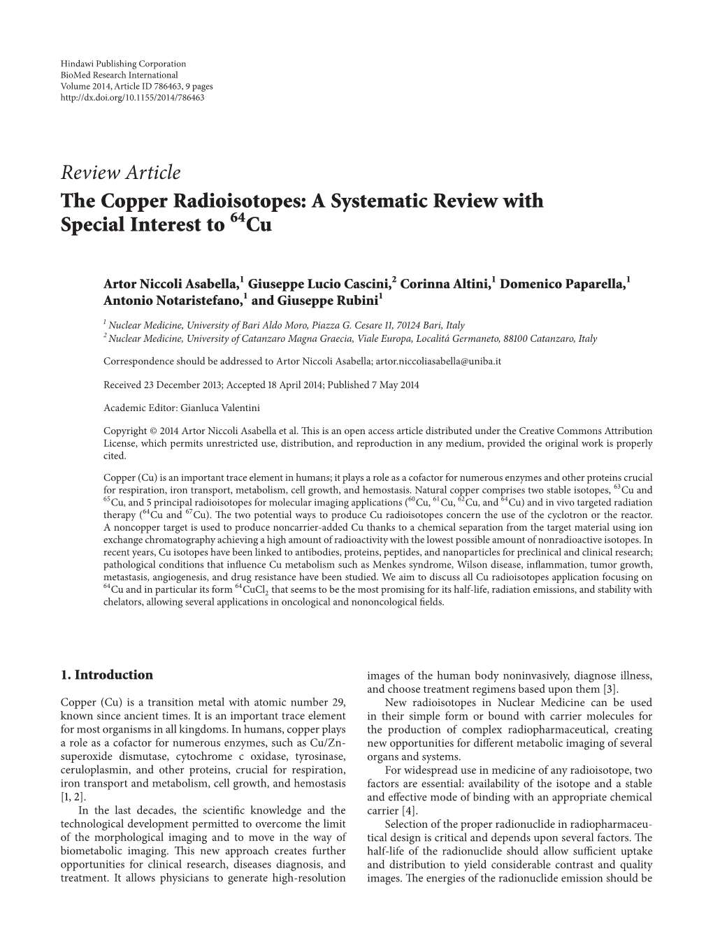 Review Article the Copper Radioisotopes: a Systematic Review with Special Interest to Cu