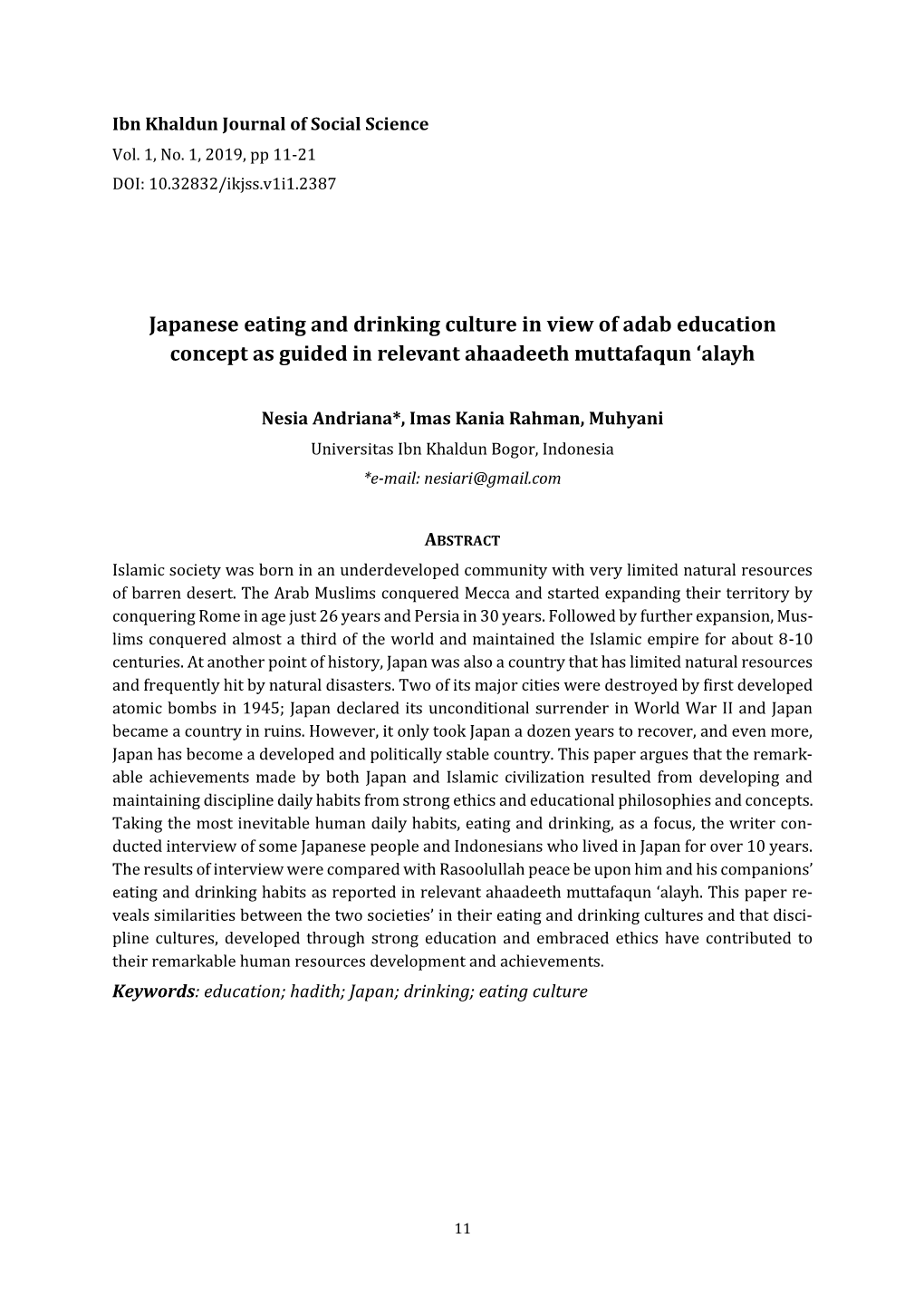 Japanese Eating and Drinking Culture in View of Adab Education Concept As Guided in Relevant Ahaadeeth Muttafaqun ‘Alayh