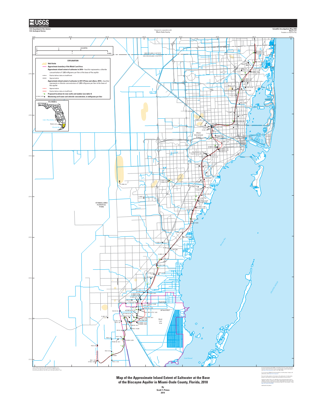 Map of the Approximate Inland Extent of Saltwater at the Base of the Biscayne Aquifer in Miami-Dade County, Florida, 2018: U.S