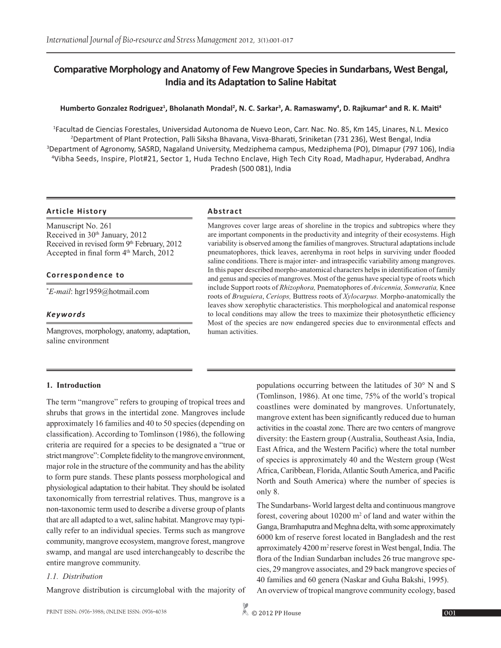 261 Comparative Morphology and Anatomy of Few Mangrove Species