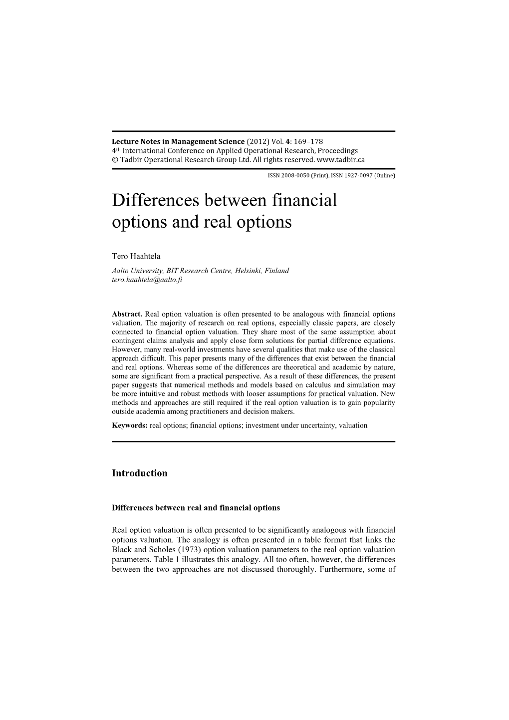 Differences Between Financial Options and Real Options