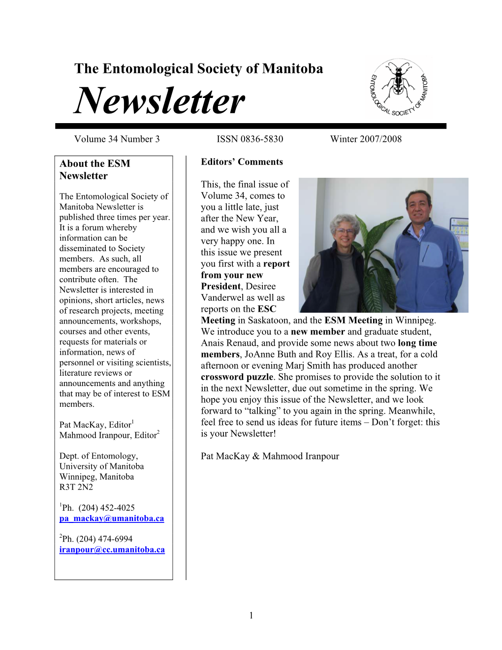 The Entomological Society of Manitoba Newsletter