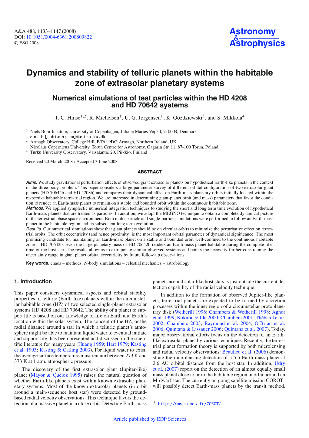 Dynamics and Stability of Telluric Planets Within the Habitable Zone of Extrasolar Planetary Systems