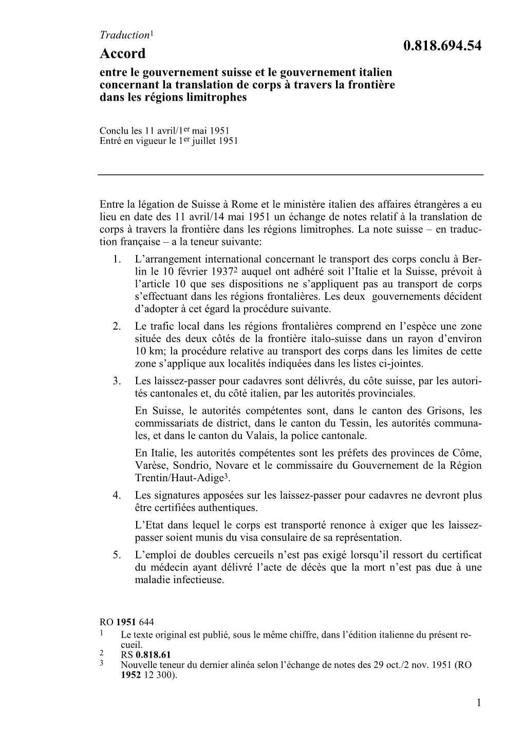 Accord Des 11 Avril/14 Mai 1951 Entre Le Gouvernement Suisse Et Le