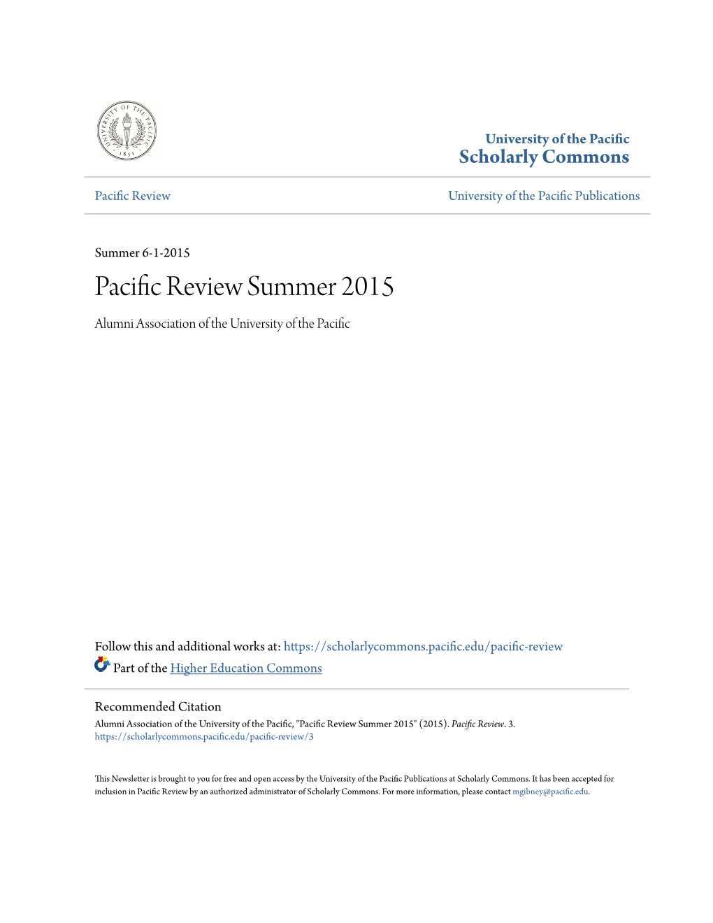 Pacific Review Summer 2015 Alumni Association of the University of the Pacific