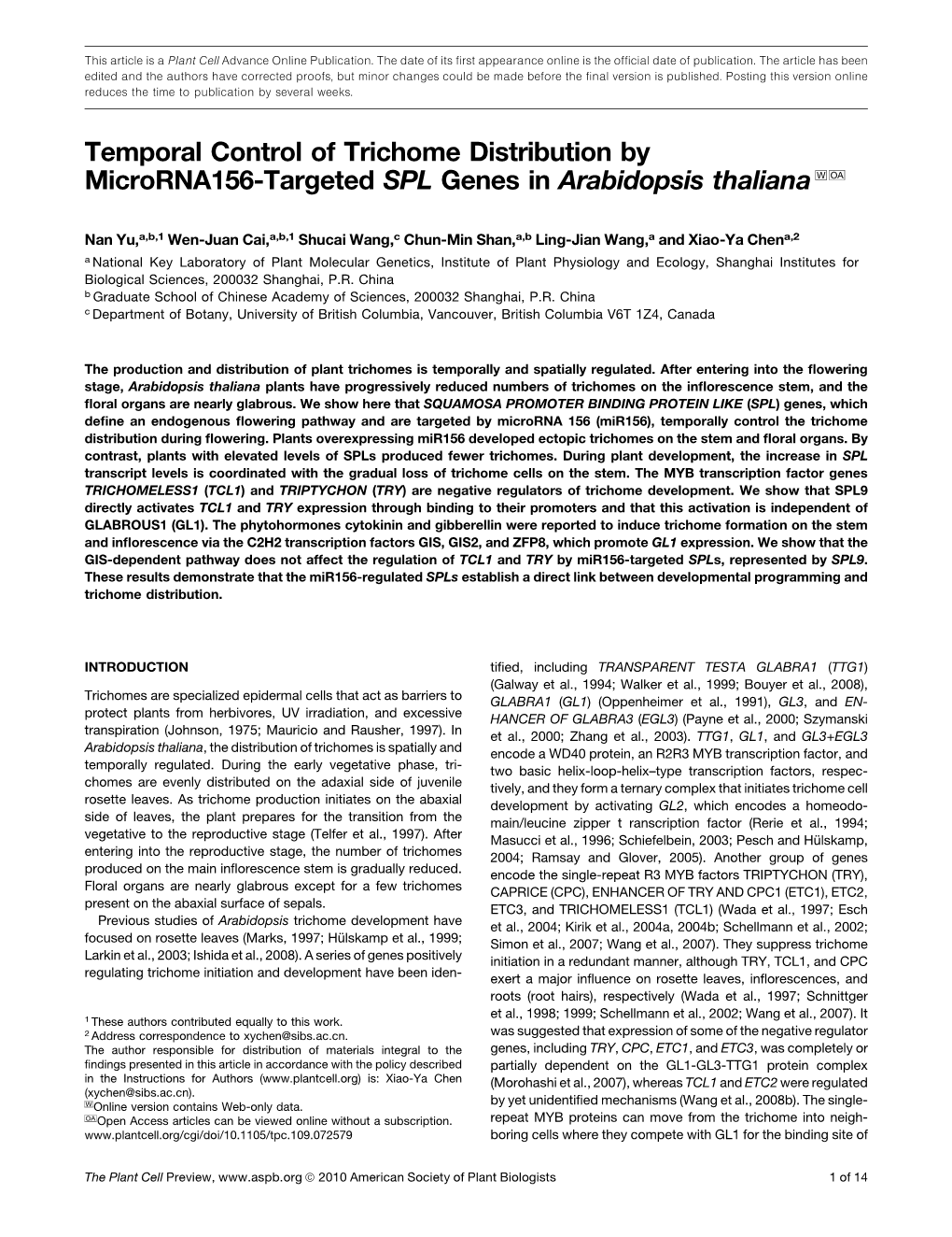 Temporal Control of Trichome Distribution by Microrna156-Targeted SPL Genes in Arabidopsis Thaliana W OA