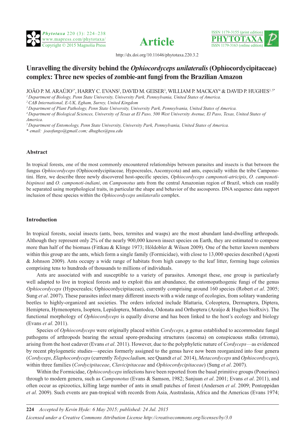 Unravelling the Diversity Behind the Ophiocordyceps Unilateralis (Ophiocordycipitaceae) Complex: Three New Species of Zombie-Ant Fungi from the Brazilian Amazon