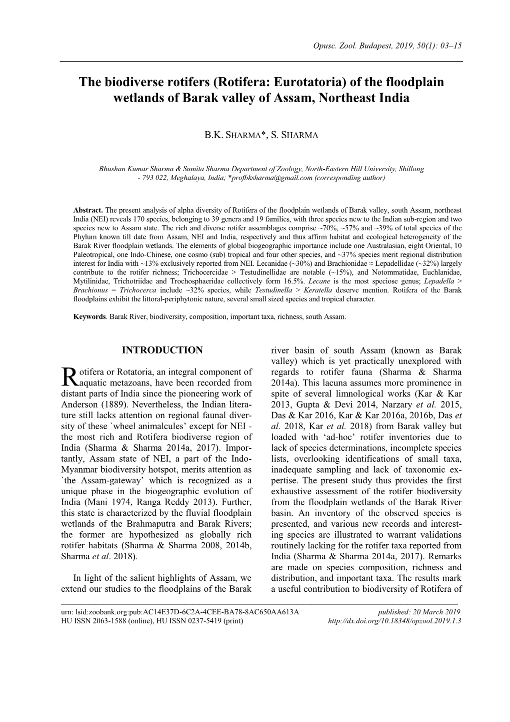 The Biodiverse Rotifers (Rotifera: Eurotatoria) of the Floodplain Wetlands of Barak Valley of Assam, Northeast India