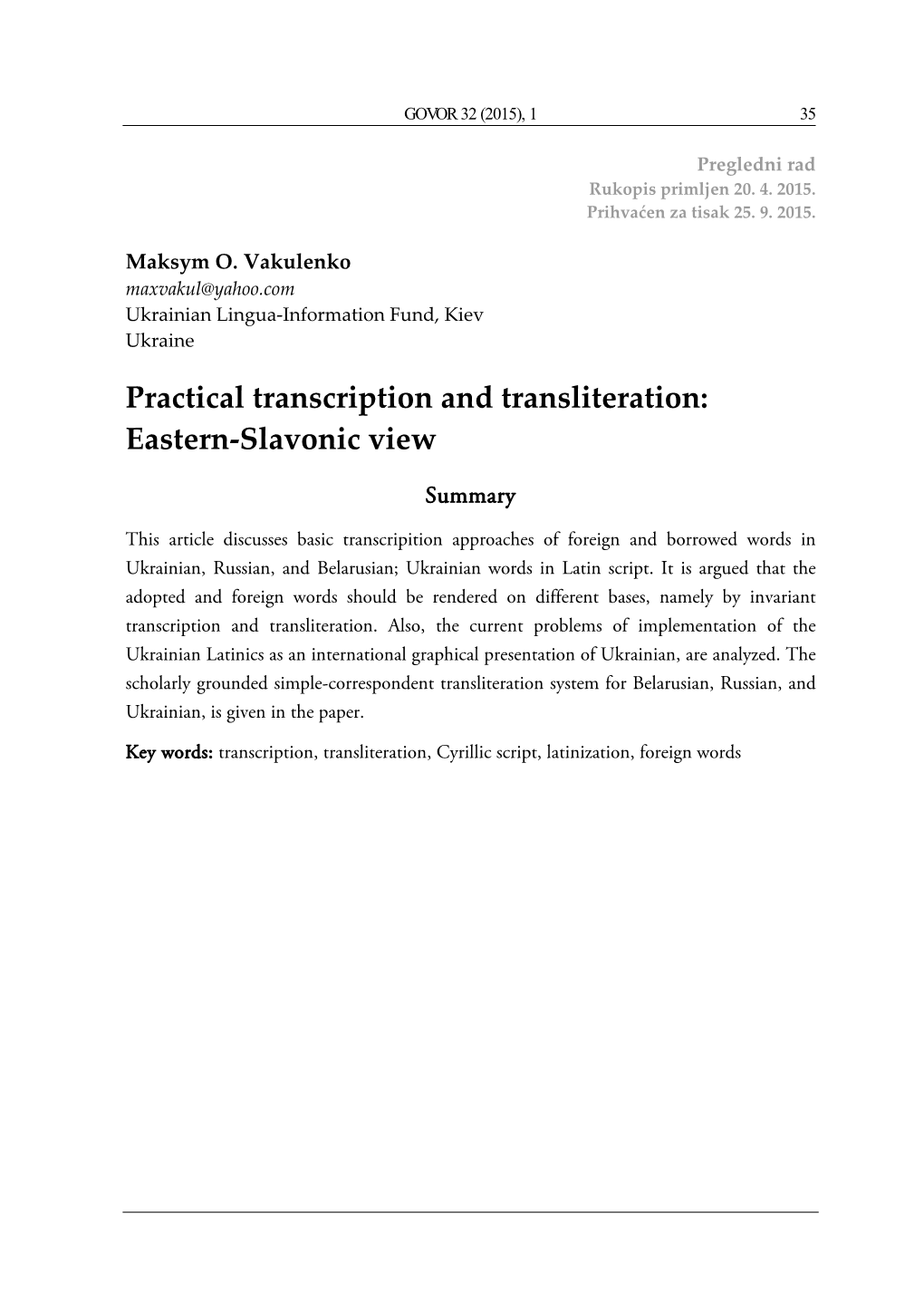 Practical Transcription and Transliteration: Eastern-Slavonic View 35-56