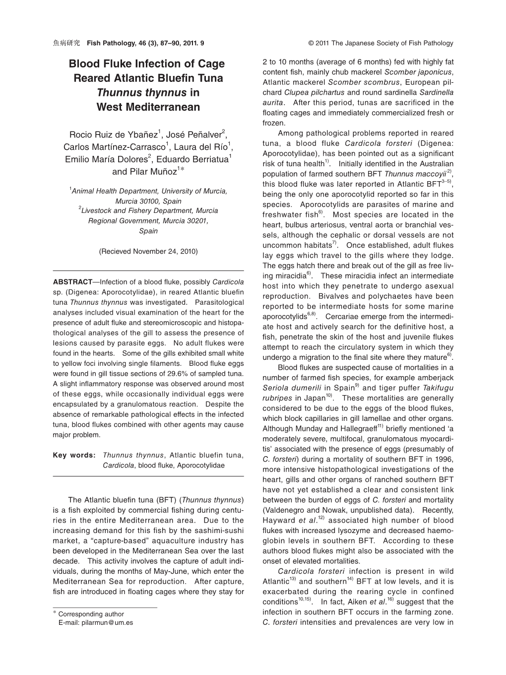 Page 1 F Fish Pathology, 46 (3), 87–90, 2011. 9 © 2011 the Japanese