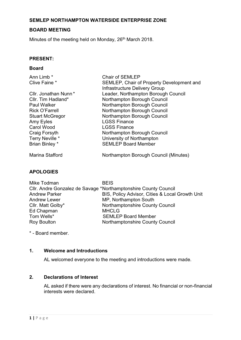 SEMLEP NORTHAMPTON WATERSIDE ENTERPRISE ZONE BOARD MEETING Minutes of the Meeting Held on Monday, 26Th March 2018