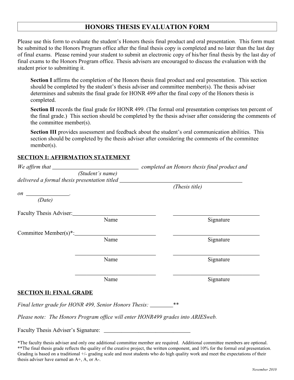 Honors Thesis Evaluation Form