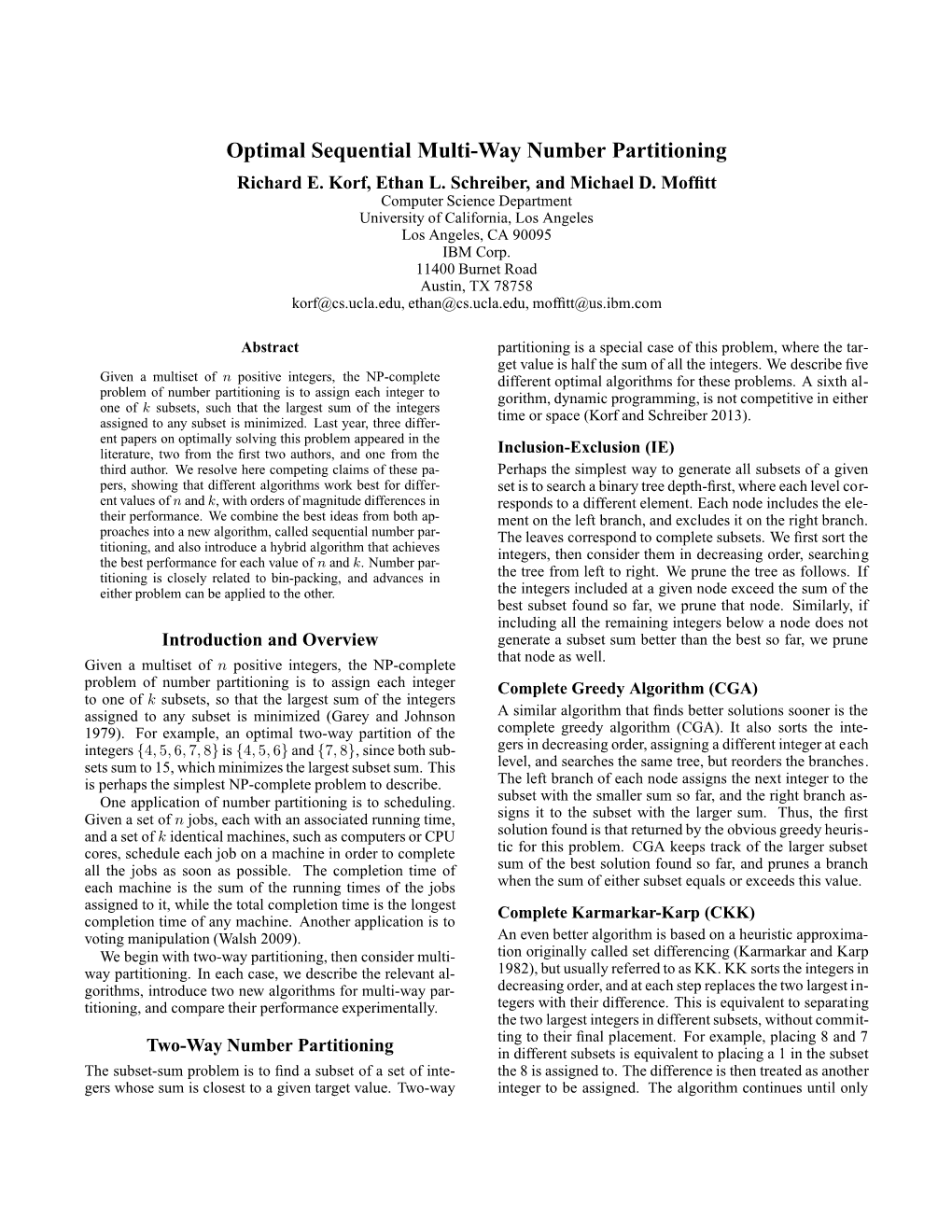 Optimal Sequential Multi-Way Number Partitioning Richard E