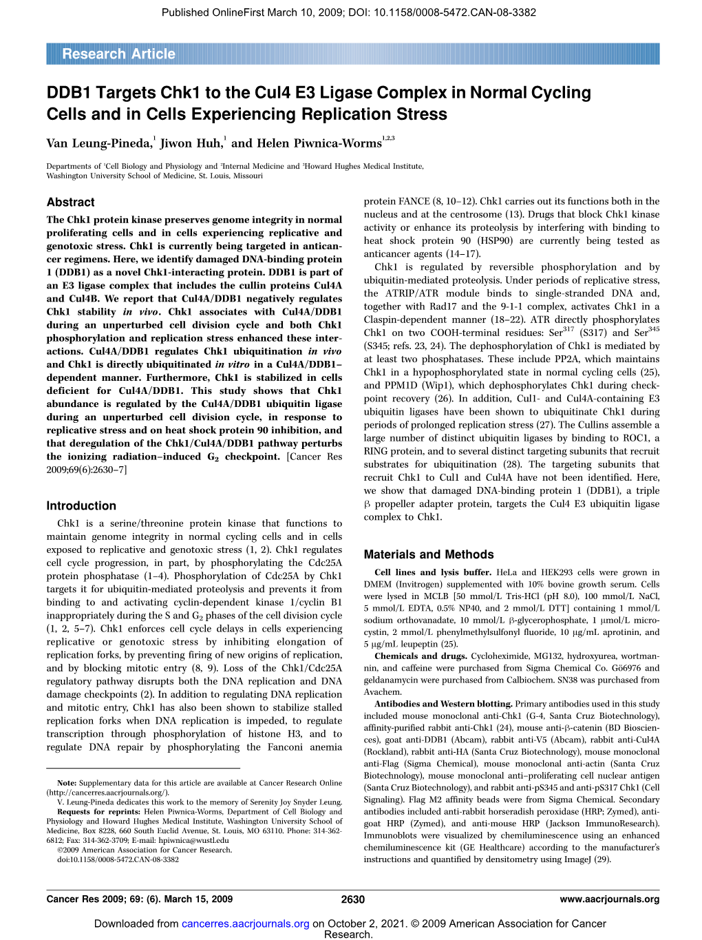 DDB1 Targets Chk1 to the Cul4 E3 Ligase Complex in Normal Cycling Cells and in Cells Experiencing Replication Stress