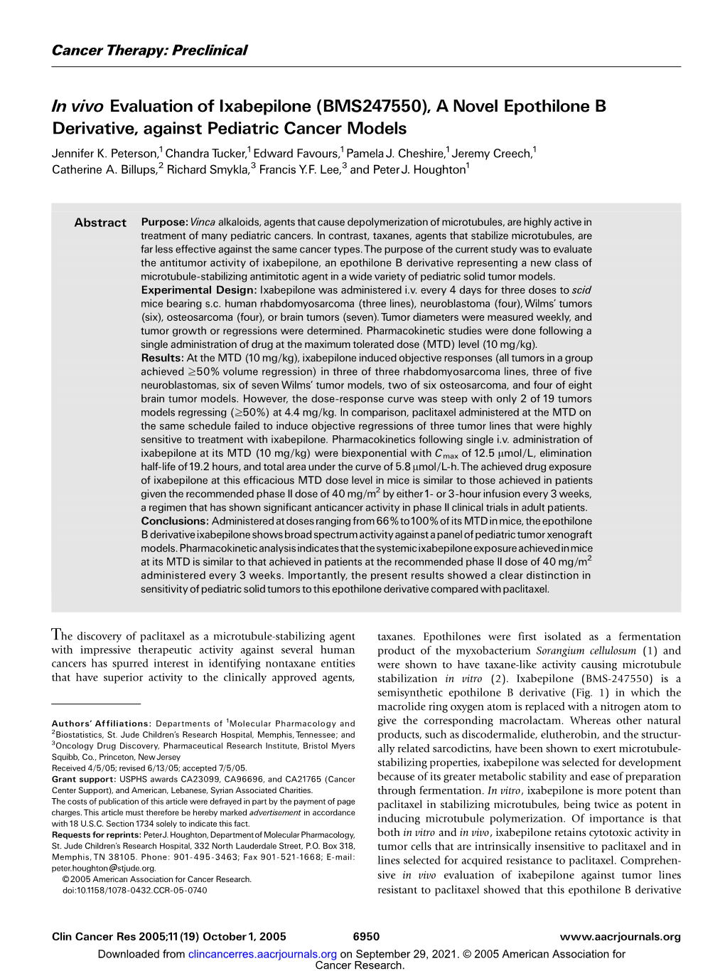 In Vivo Evaluation of Ixabepilone (BMS247550), a Novel Epothilone B Derivative, Against Pediatric Cancer Models Jennifer K