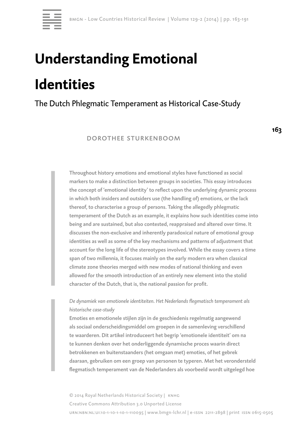 Understanding Emotional Identities the Dutch Phlegmatic Temperament As Historical Case-Study