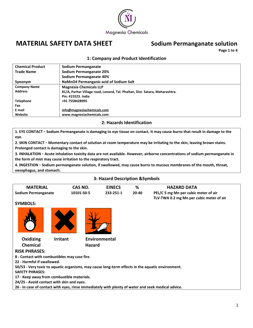 MATERIAL SAFETY DATA SHEET Sodium Permanganate Solution