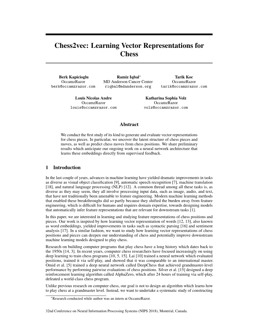 Chess2vec: Learning Vector Representations for Chess