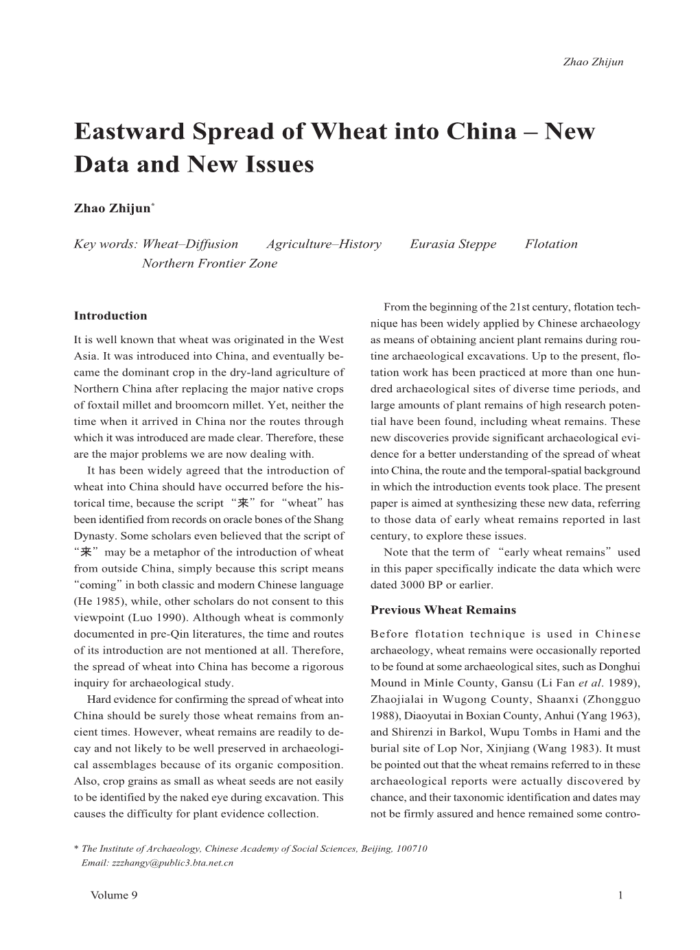 Eastward Spread of Wheat Into China – New Data and New Issues