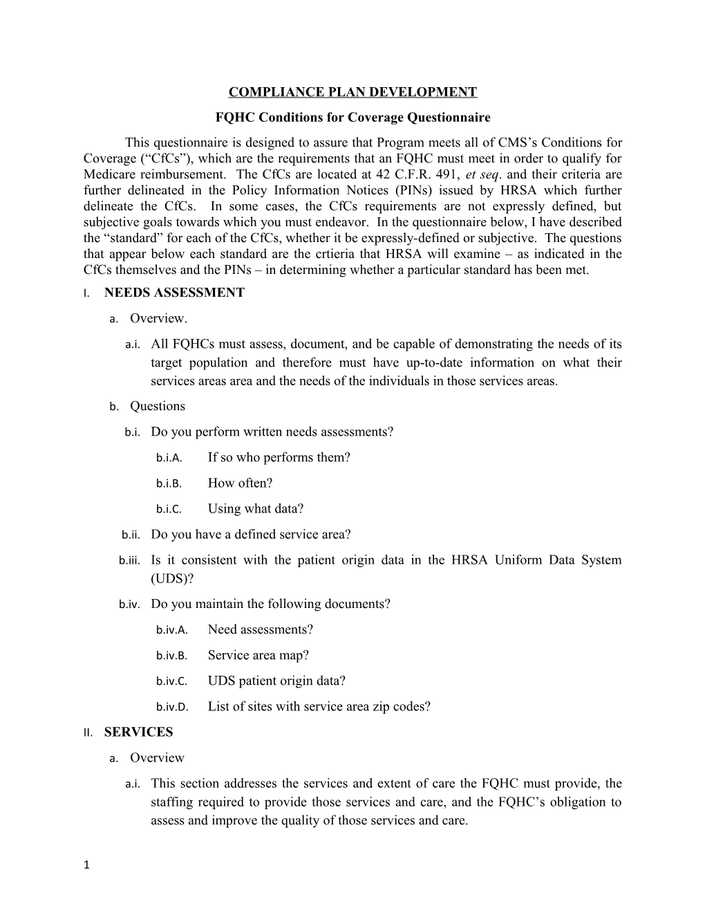 FQHC Conditions for Coverage Questionnaire