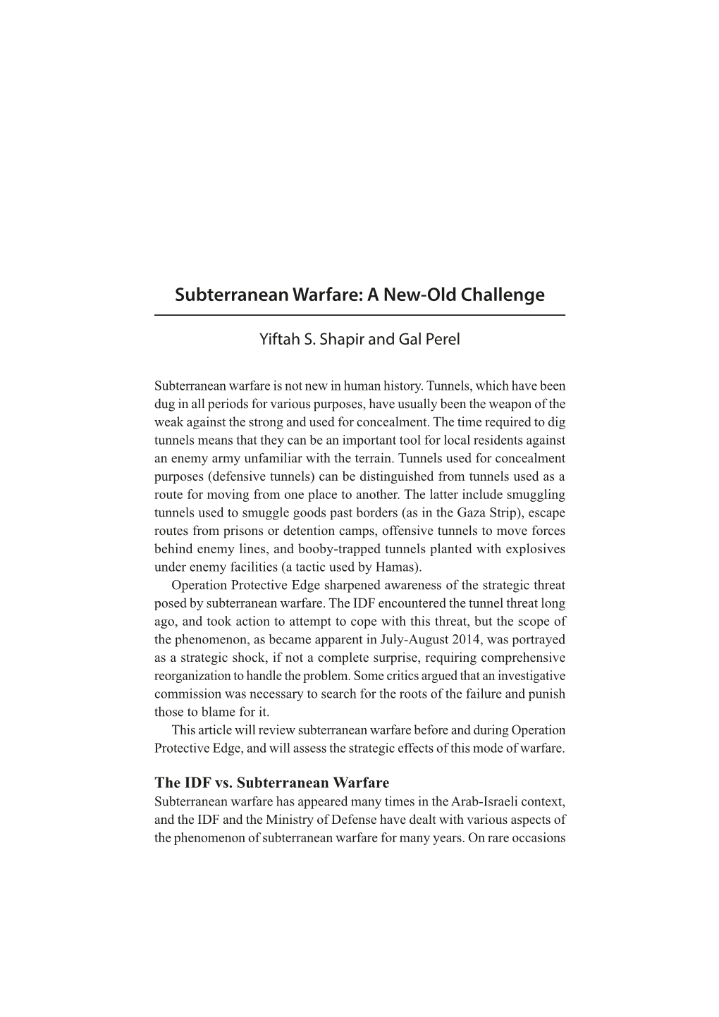 Subterranean Warfare: a New-Old Challenge