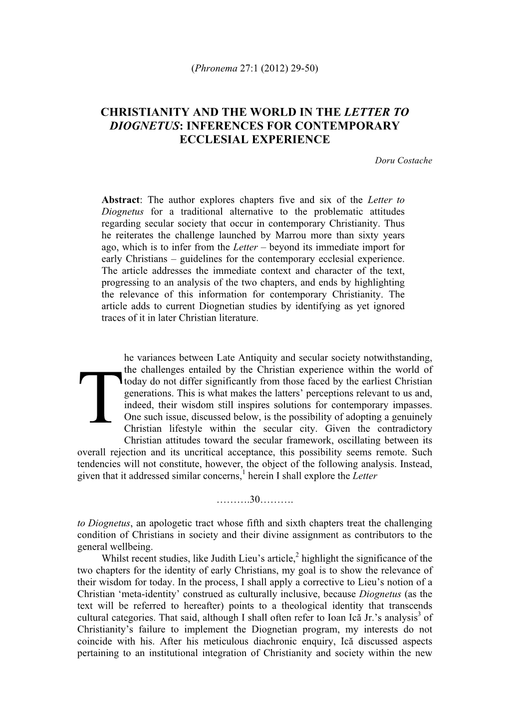 Christianity and the World in the Letter to Diognetus: Inferences for Contemporary Ecclesial Experience