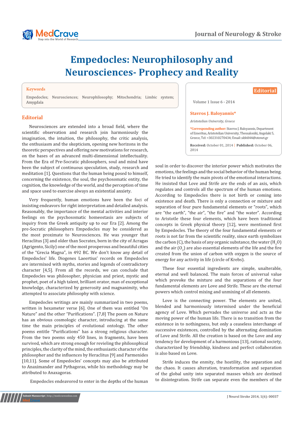 Empedocles: Neurophilosophy and Neurosciences- Prophecy and Reality