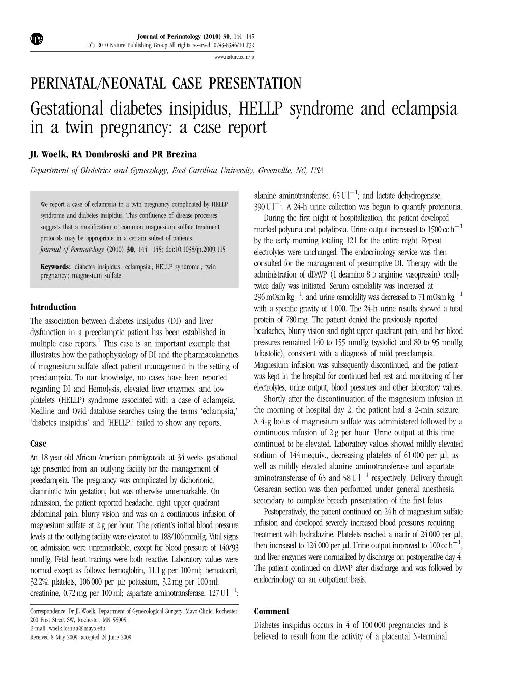 Gestational Diabetes Insipidus, HELLP Syndrome and Eclampsia in a Twin Pregnancy: a Case Report