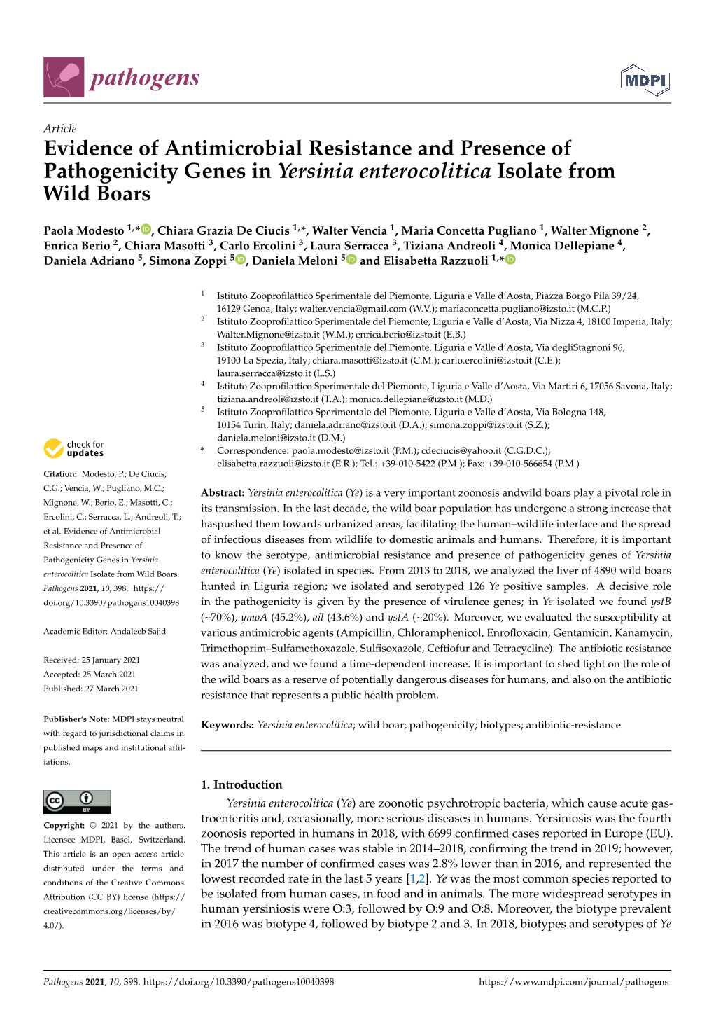 Evidence of Antimicrobial Resistance and Presence of Pathogenicity Genes in Yersinia Enterocolitica Isolate from Wild Boars