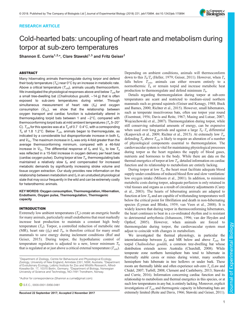 Cold-Hearted Bats: Uncoupling of Heart Rate and Metabolism During Torpor at Sub-Zero Temperatures Shannon E