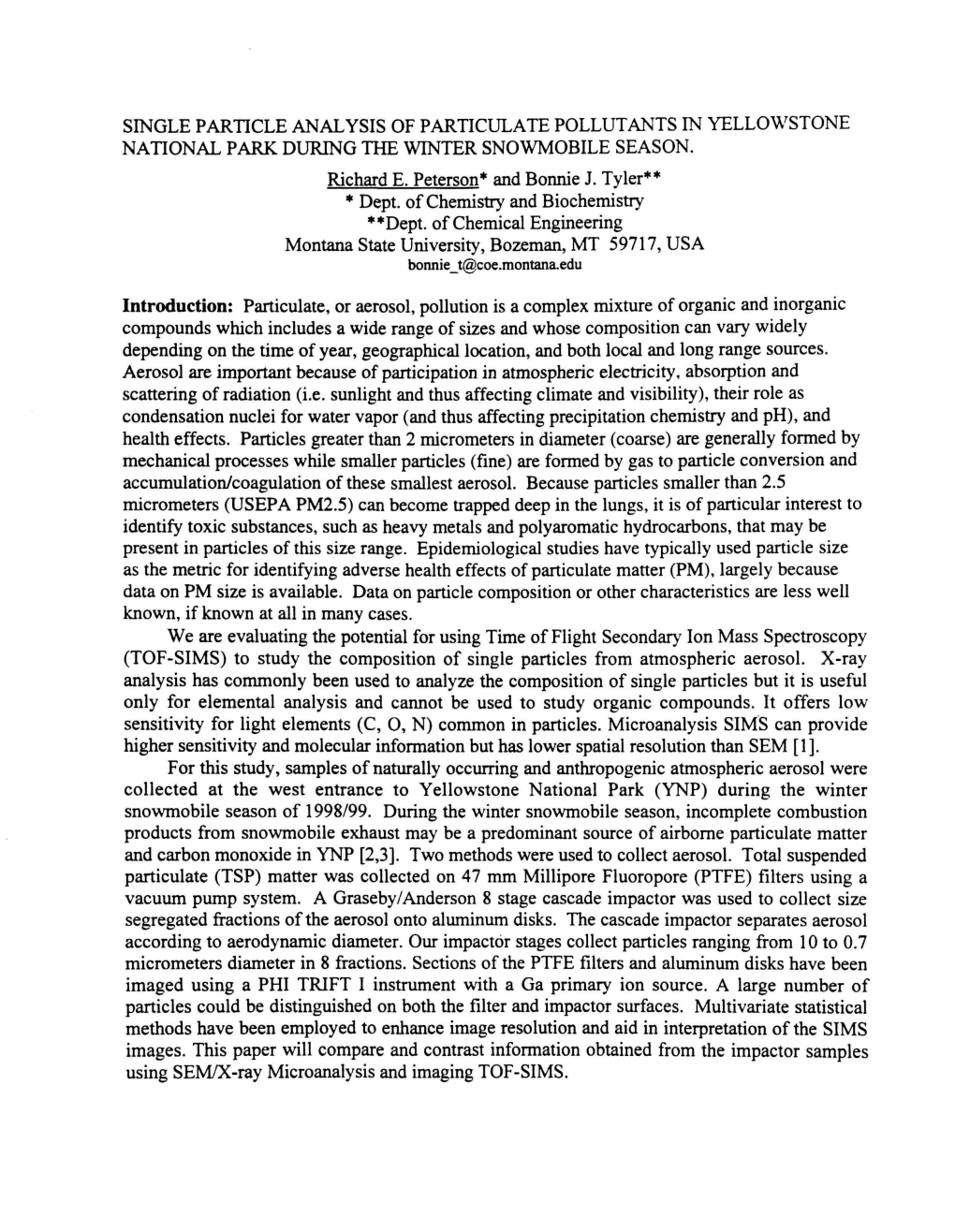 Single Particle Analysis of Particulate Pollutants in Yellowstone National Park During the Winter Snowmobile Season